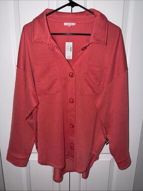 Maurices Coral Ribbed Button-Down Shirt